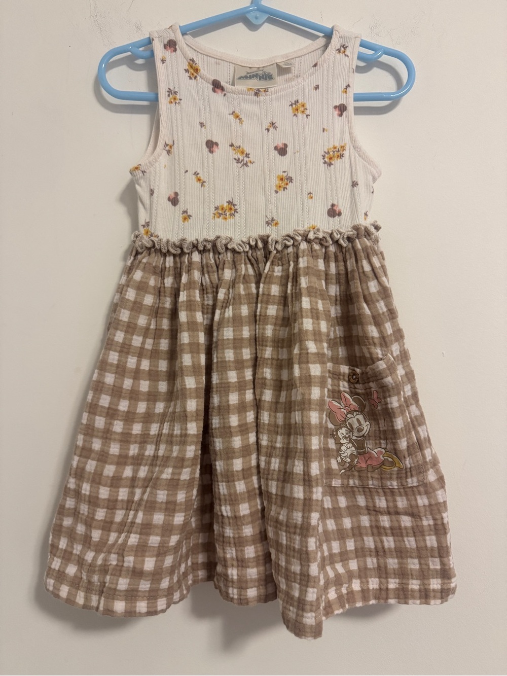 Disney White Floral Ribbed Top with Brown Gingham Skirt Dress
